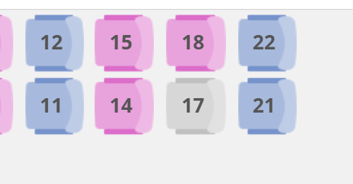 Seat no 17 is grey and empty. Men seats are shown in light pink and women seats are shown in a darker hue.