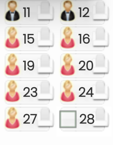 A seatmap with blurry icons. Women icons are wearing dark green shirt. Man icons are wearing black jackets and white shirts.